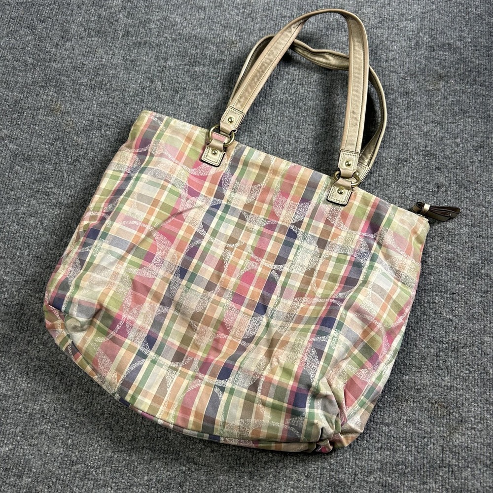 Coach Tote Bag Womens Large Multicolor Plaid Nylon Leather Shoulder Zip Purse - Picture 5 of 9